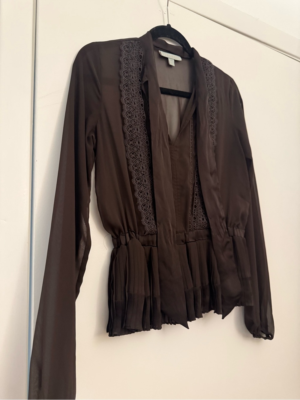 Vintage Sheer Lace-Trim Brown Women's Blouse